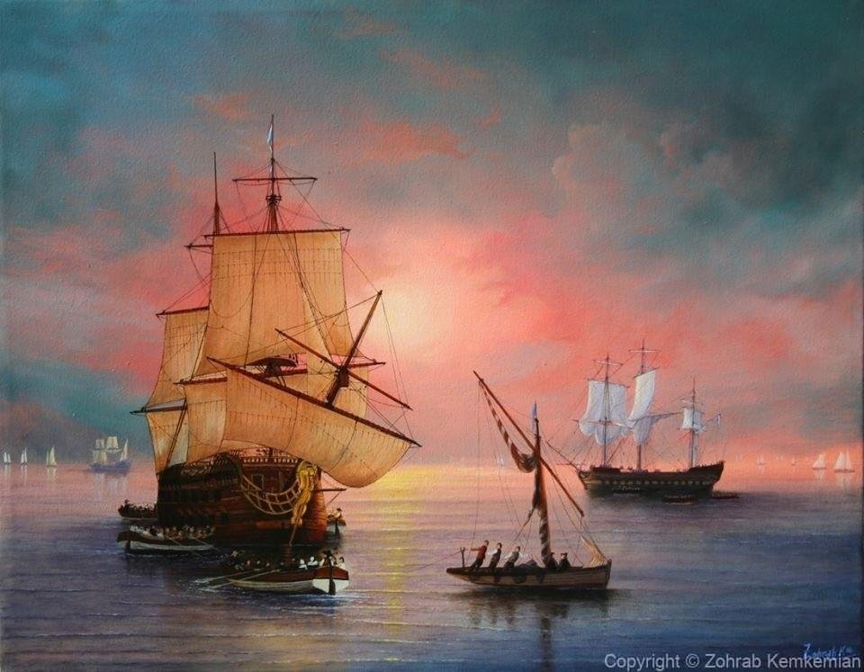 2014 Arrival of the Dutch East India company ship at sunset