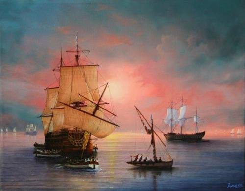 2014 Arrival of the Dutch East India company ship at sunset