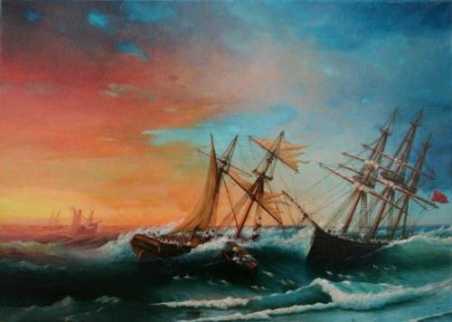 2015 Ships in the storm by the coast